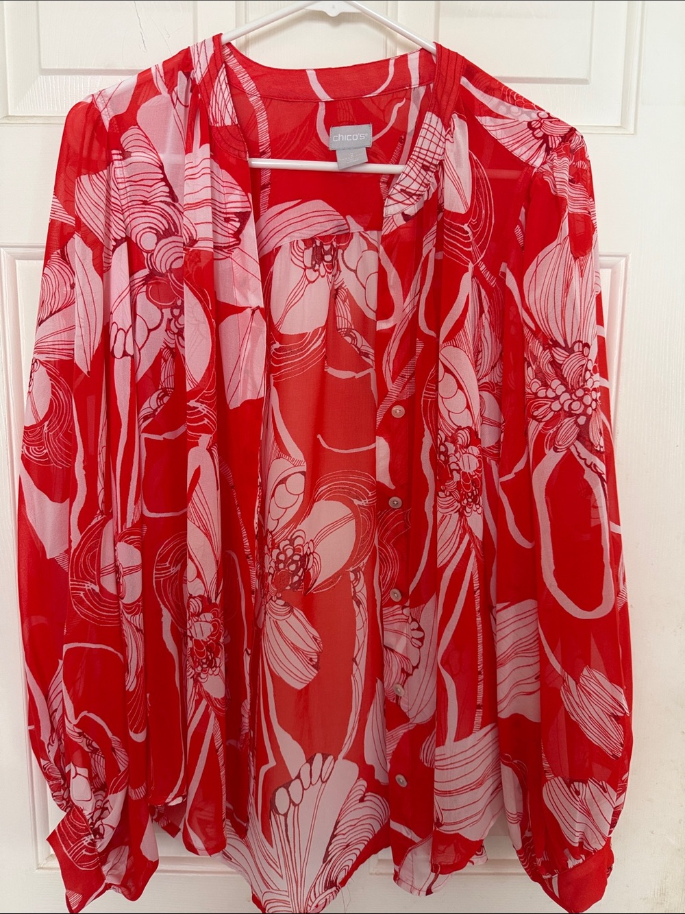 Chico's Coral & White Floral Sheer Button-Front Blouse Sz 2